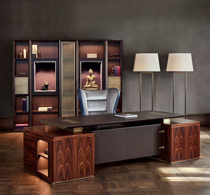 Nightwood is a wooden modular bookcase with bronze details, from Promemoria's Night Tales collection | Promemoria