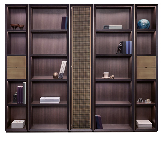 Nightwood is a wooden modular bookcase with bronze details, from Promemoria's Night Tales collection | Promemoria