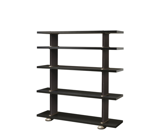 Peggy is a modular wooden bookcase with  leather covered supports and bronze details, from Promemoria's catalogue | Promemoria