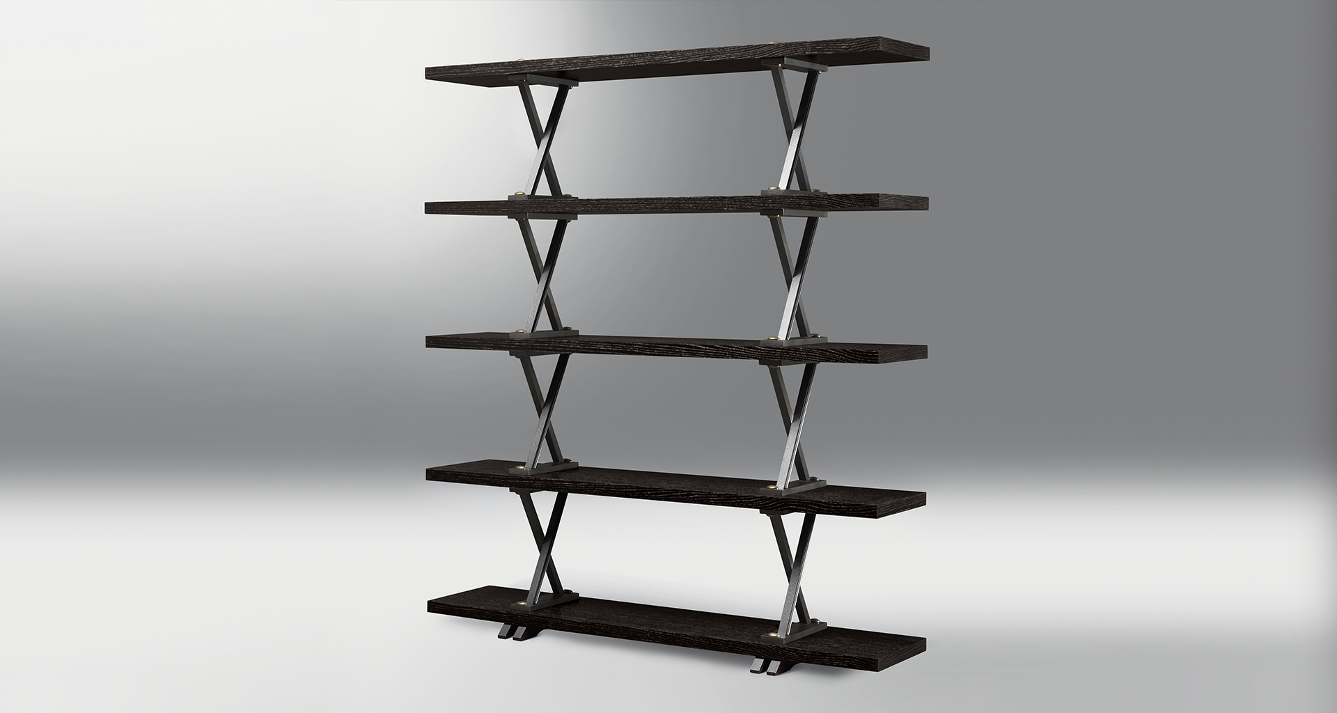 Dettaglio di X Libreria, una libreria modulare in legno con supporti in bronzo a forma di X, del catalogo di Promemoria | Promemoria