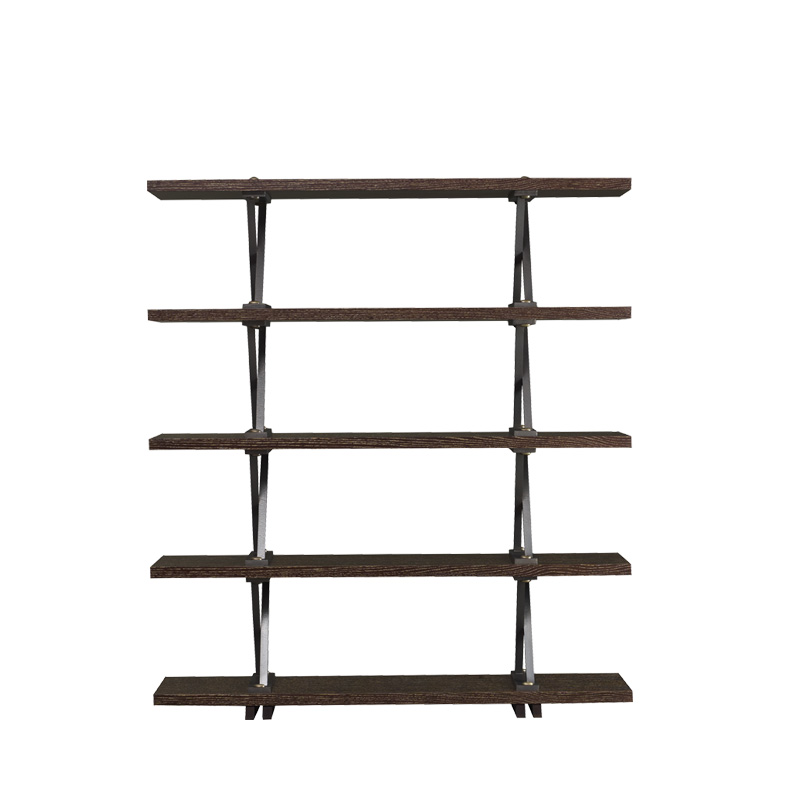 „X Libreria“ ist ein modulares Bücherregal aus Holz mit x-förmigen Bronzestützen, aus dem Katalog von Promemoria | Promemoria