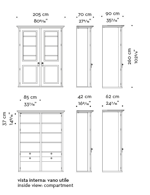 Dimensions of George, a wooden modular wardrobe with two, three or four doors covered in velvet or linen and details in bronze, from the Promemoria's catalogue | Promemoria