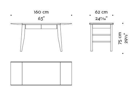Dimensions of Isaac, a compact writing desk with wooden structure and drawers that belongs to the Amaranthine Tales collection of Promemoria | Promemoria