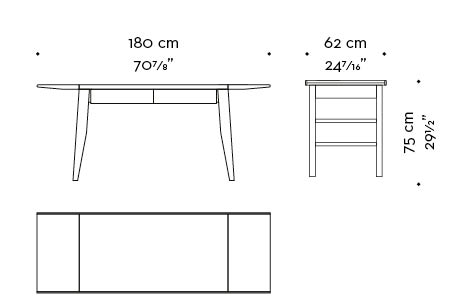 Dimensions of Isaac, a compact writing desk with wooden structure and drawers that belongs to the Amaranthine Tales collection of Promemoria | Promemoria