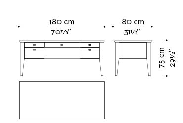 Dimensions of Theo, a wooden writing desk that can be covered in leather with leather details or with bronze details from the Promemoria's catalogue | Promemoria