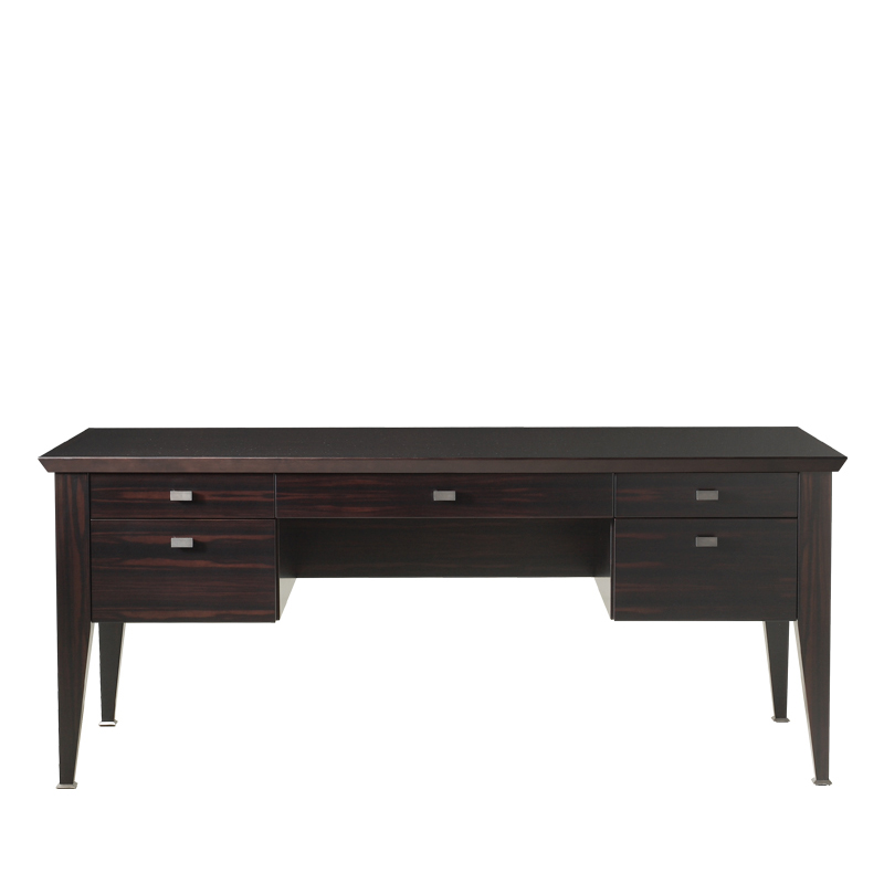 Theo is a wooden writing desk that can be covered in leather with leather details or with bronze details from the Promemoria's catalogue | Promemoria