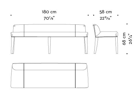 Dimensioni di Isotta, panca in legno con sedua e schienale in tessuto o pelle, del catalogo di Promemoria | Promemoria
