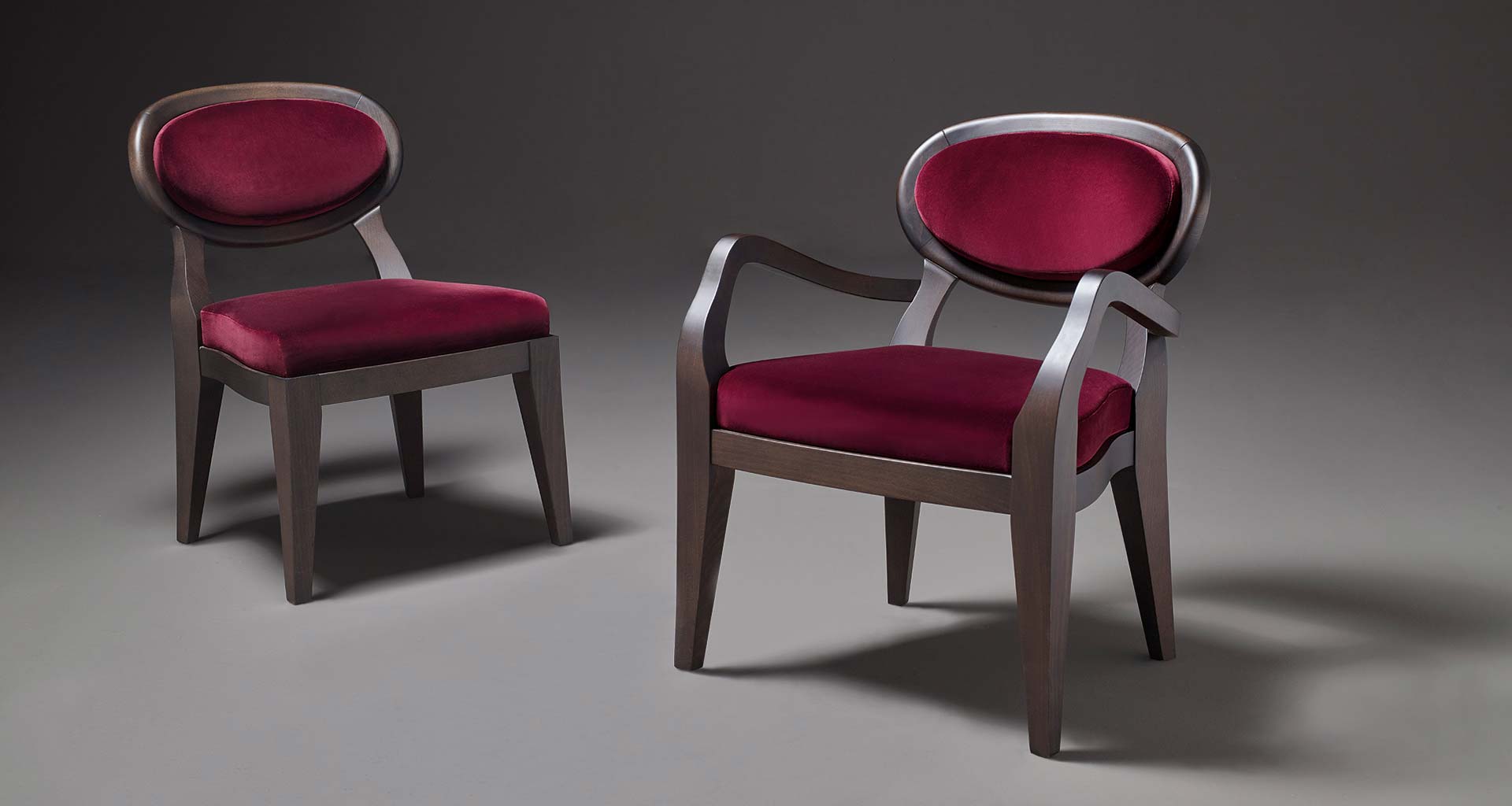 Anima is a wooden and fabric or leather dining chair available with different combinations of fabrics and colors, from Promemoria's catalogue | Promemoria