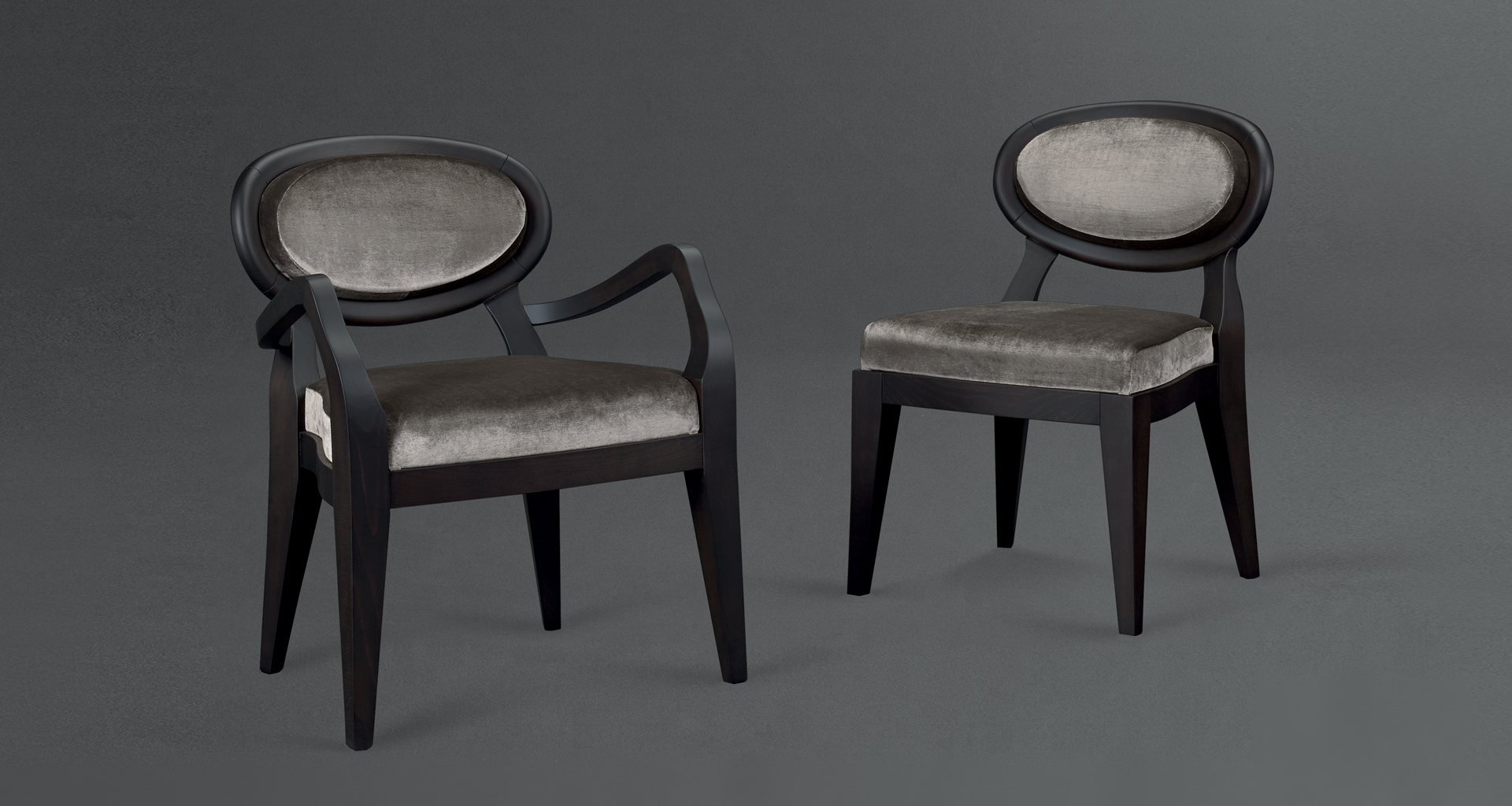 Anima is a wooden and fabric or leather dining chair available with different combinations of fabrics and colors, from Promemoria's catalogue | Promemoria