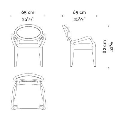 Dimensions of Anima with armrests, a wooden and fabric or leather dining chair available with different combinations of fabrics and colors, from Promemoria's catalogue | Promemoria