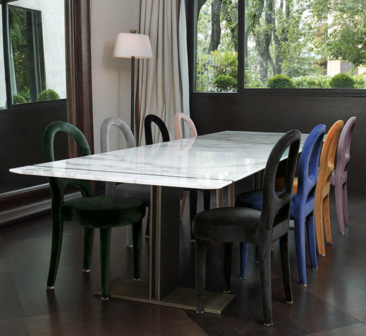 Bilou Bilou è una sedia da pranzo rivestita in velluto e lino o pelle nappa disponibile in diversi colori e nelle versioni standard, large e kids. Bilou Bilou è la più iconica delle sedie da pranzo del catalogo di Promemoria | Promemoria