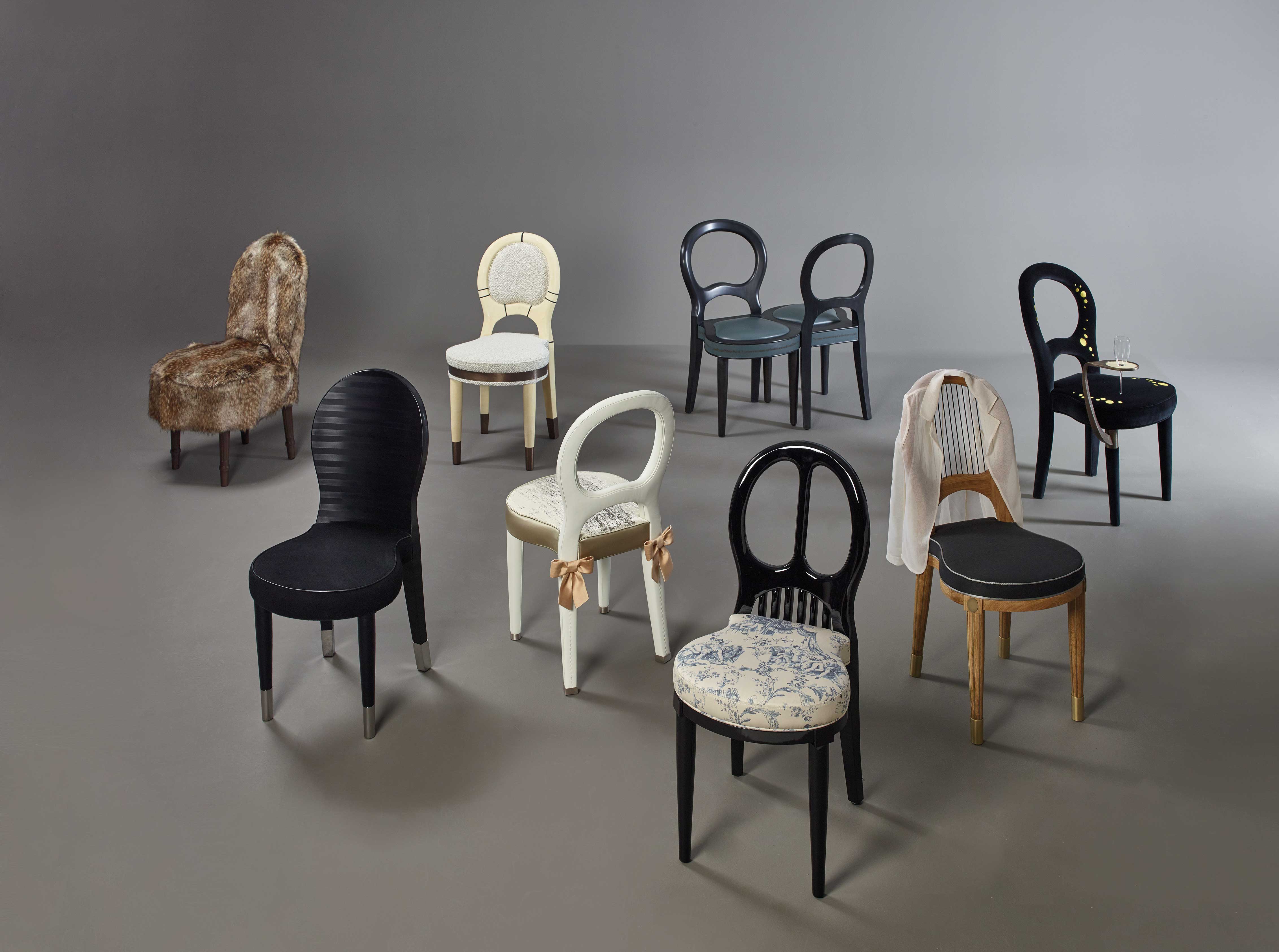 Different versions of Bilou Bilou, a dining chair covered in velvet and linen or nappa leather available in different colors and in the versions standard, large and kids. Bilou Bilou is the most iconic dining chair from Promemoria's catalogue | Promemoria