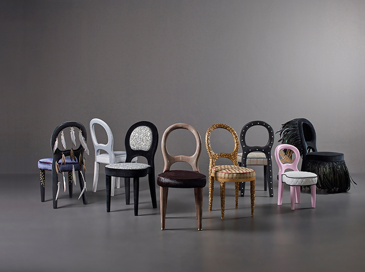 Diverse versioni di Bilou Bilou, sedia da pranzo rivestita in velluto e lino o pelle nappa disponibile in diversi colori e nelle versioni standard, large e kids. Bilou Bilou è la più iconica delle sedie da pranzo del catalogo di Promemoria | Promemoria