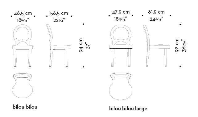 Dimensions of Bilou Bilou Large, a dining chair covered in velvet and linen or nappa leather available in different colors and in the versions standard, large and kids. Bilou Bilou is the most iconic dining chair from Promemoria's catalogue | Promemoria