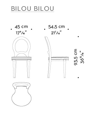 Dimensioni di Bilou Bilou, sedia da pranzo rivestita in velluto e lino o pelle nappa disponibile in diversi colori e nelle versioni standard, large e kids. Bilou Bilou è la più iconica delle sedie da pranzo del catalogo di Promemoria | Promemoria