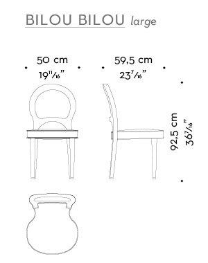 Dimensioni di Bilou Bilou Large, sedia da pranzo rivestita in velluto e lino o pelle nappa disponibile in diversi colori e nelle versioni standard, large e kids. Bilou Bilou è la più iconica delle sedie da pranzo del catalogo di Promemoria | Promemoria