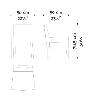 Dimensions of Brigitta Short, a wooden dining chair covered in fabric or leather, with a handle on the backrest, from Promemoria's catalogue | Promemoria