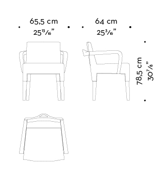 Dimensioni di Brigitta Short, sedia da pranzo in legno rivestita in tessuto o pelle, con una maniglia sullo schienale, del catalogo di Promemoria | Promemoria