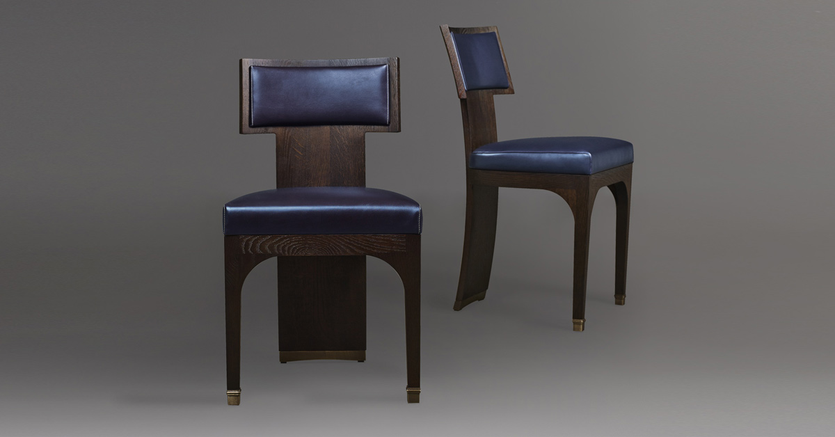 DC Chair is a wooden dining chair with leather seat and back and bronze feet, from Promemoria's The London Collection | Promemoria