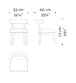 Dimensions of Irene, a wooden dining chair with a semi-circle backrest, from Promemoria's catalogue | Promemoria