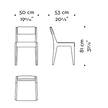 Dimensions of Iris, a wooden chair with bronze details and leather cushions, from Promemoria's Indigo Tales | Promemoria