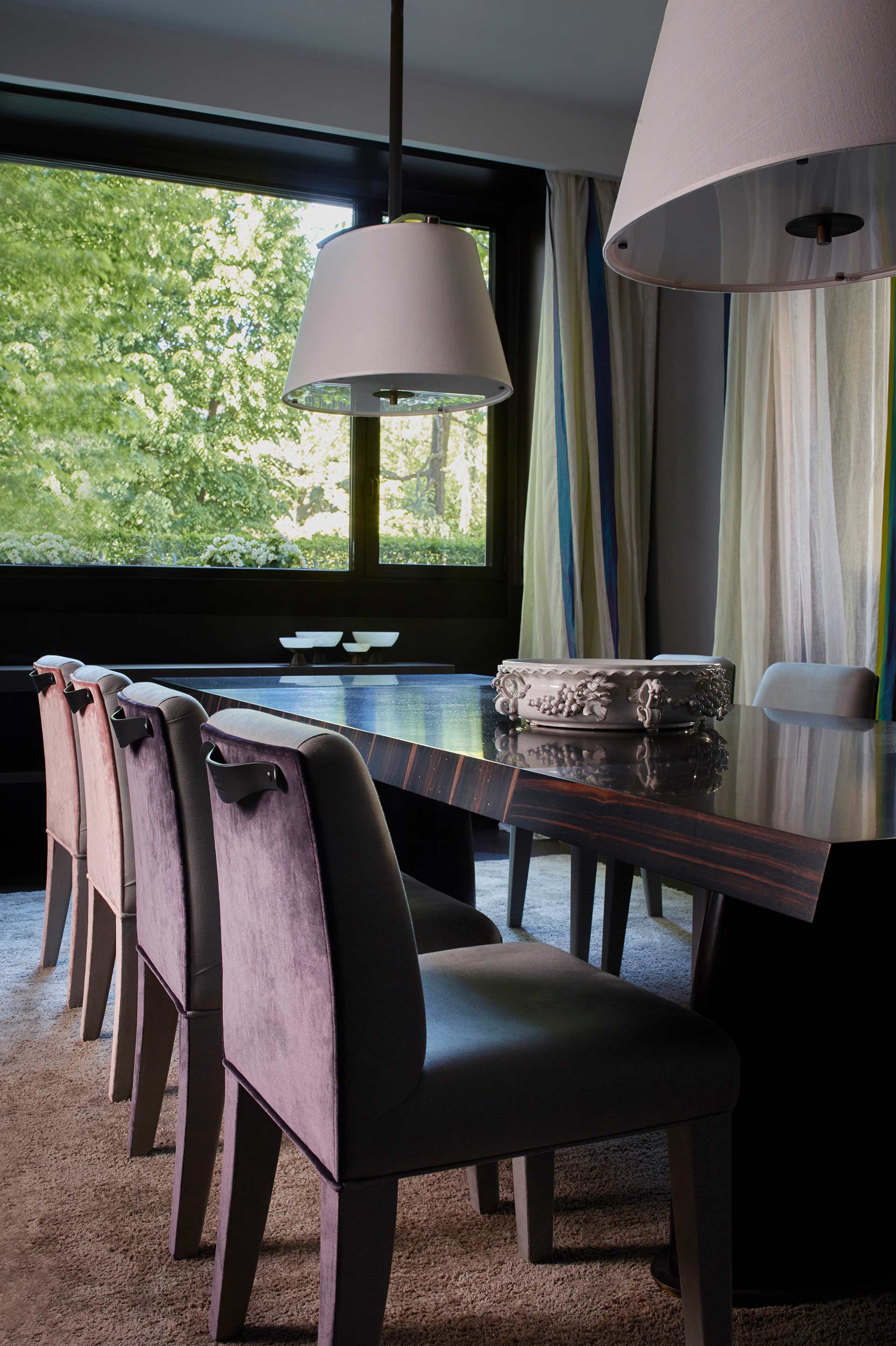 Isotta is a wooden dining chair with or without armrests and with a fabric or leather covered back, from Promemoria's catalogue | Promemoria