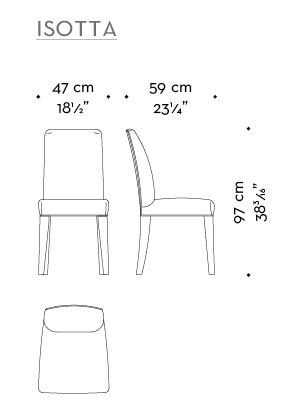 Dimensions of Isotta, a wooden dining chair with or without armrests and with a fabric or leather covered back, from Promemoria's catalogue | Promemoria