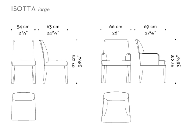 Dimensions of Isotta Large, a wooden dining chair with or without armrests and with a fabric or leather covered back, from Promemoria's catalogue | Promemoria
