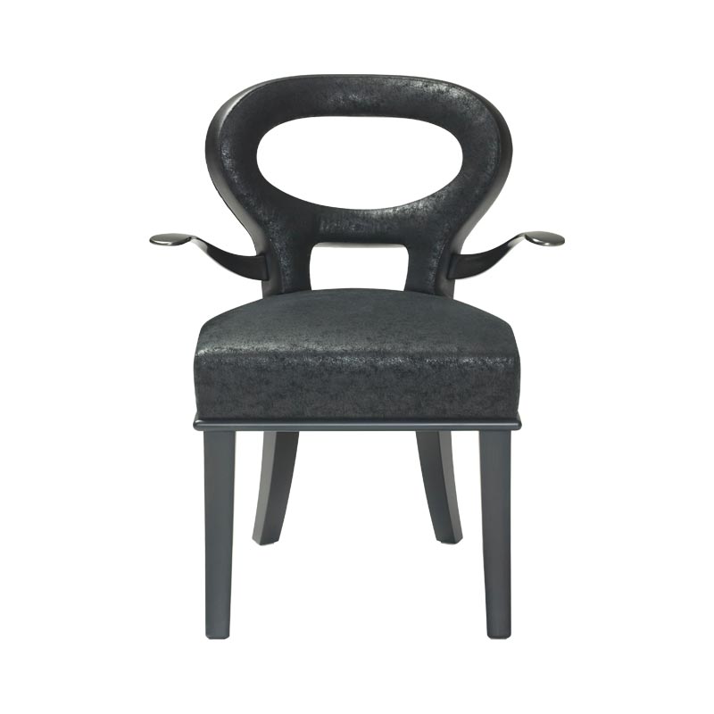 „Moka &amp;amp;amp; Roka“ sind vollständig mit Stoff oder Leder bezogene Stühle aus Holz, mit oder ohne Armlehnen aus Bronze, aus dem Katalog von Promemoria | Promemoria