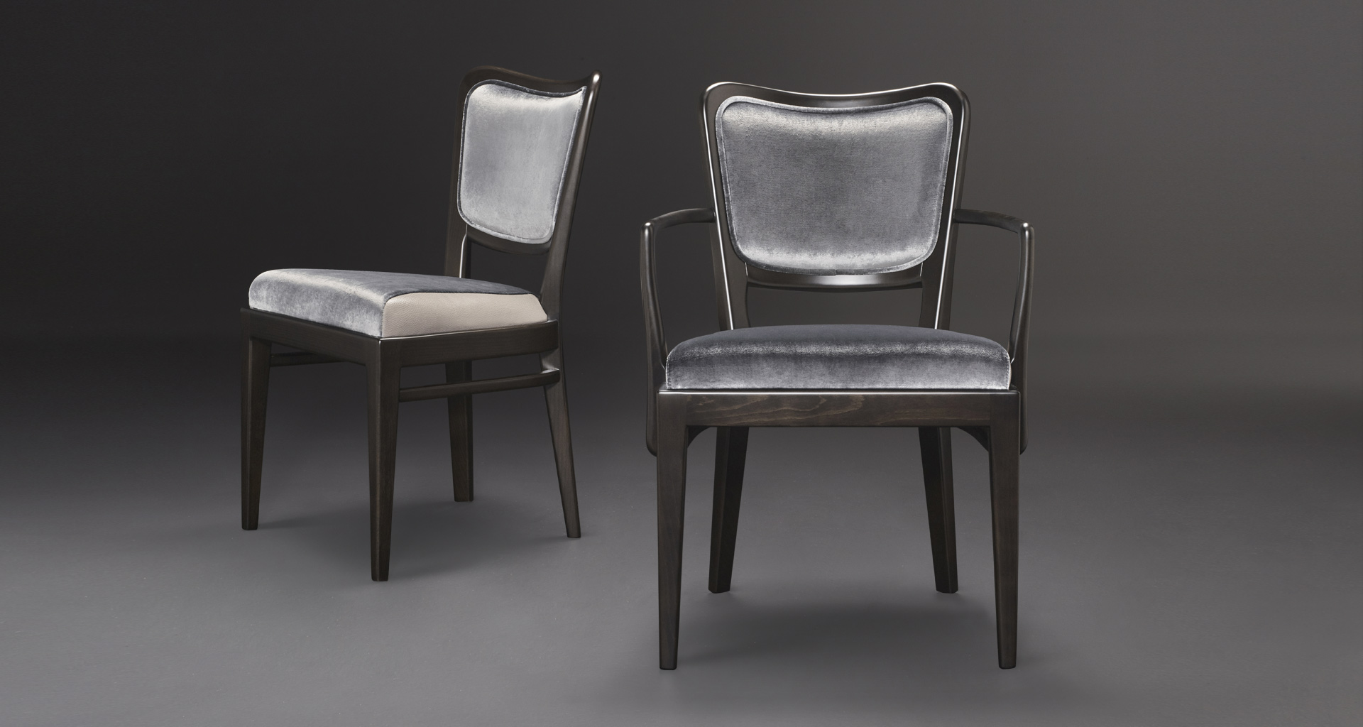 Pepita is a wooden dining chair with fabric or leather seat, from Promemoria's catalogue | Promemoria