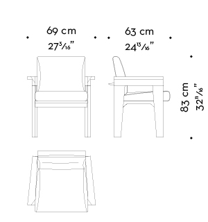 Dimensioni di Priscilla, sedia da pranzo in legno con braccioli, seduta e schienale in tessuto e dettagli in pelle, del catalogo di Promemoria | Promemoria