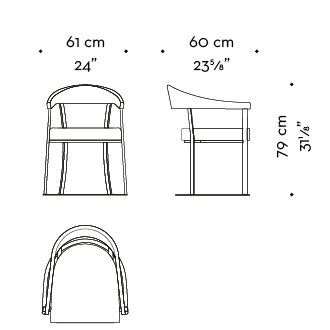 Dimensions of Rachele, a bronze chair with arms with wooden or leather back and leather seat, from Promemoria's catalogue | Promemoria