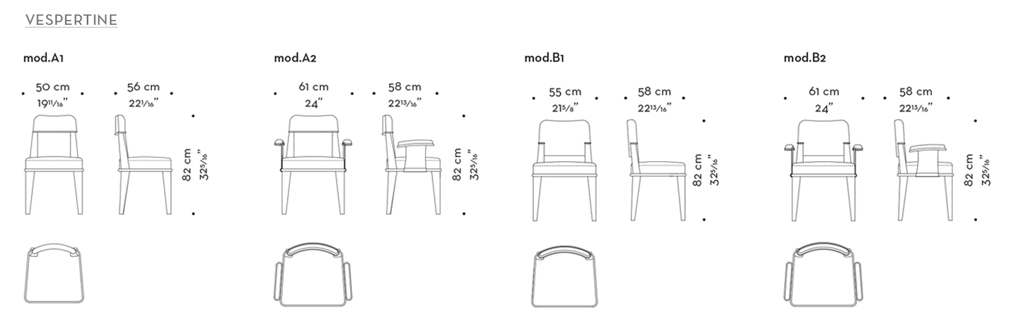 Dimensions of Vespertine, a wooden dining chair with leather seat and back and with or without armrests with bronze details, from Promemoria's Night Tales collection | Promemoria