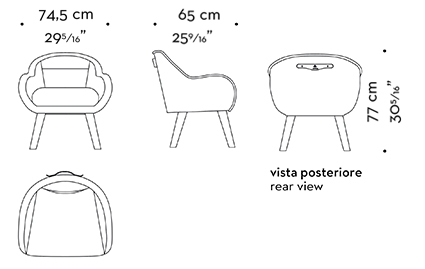Dimensioni di Vittoria, sedia in legno rivestita in tessuto o pelle con una maniglia in bronzo sullo schienale, del catalogo di Promemoria | Promemoria