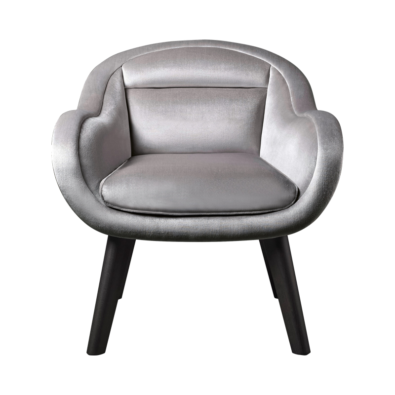 Vittoria is a wooden chair covered in fabric or leather with a bronze handle on the back, from Promemoria's catalogue | Promemoria