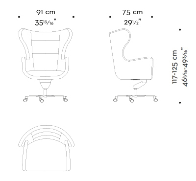 Dimensioni di Butterfly, poltrona da ufficio rivestita in tessuto e pelle, disponibile anche con pouff, del catalogo di Promemoria | Promemoria