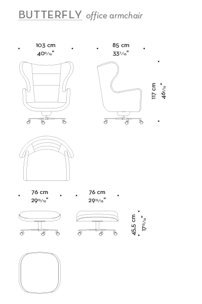 Dimensioni di Butterfly, poltrona da ufficio rivestita in tessuto e pelle, disponibile anche con pouff, del catalogo di Promemoria | Promemoria