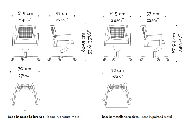 Dimensioni di Caffè, sedia da ufficio in legno con lo schienale in paglia e seduta in tessuto o pelle, del catalogo di Promemoria | Promemoria