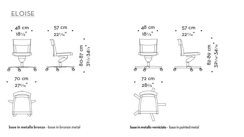 Dimensioni di Eloise, sedia da ufficio in legno senza braccioli e seduta in pelle, del catalogo di Promemoria | Promemoria