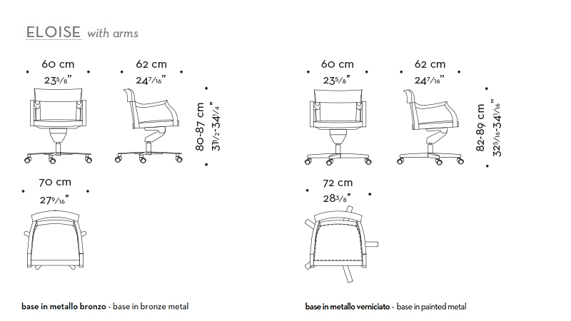 Dimensioni di Eloise, sedia da ufficio in legno con braccioli e seduta in pelle, del catalogo di Promemoria | Promemoria