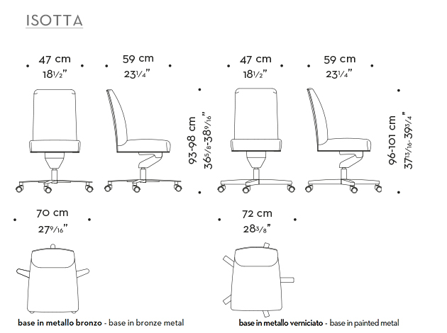 Dimensioni di Isotta, sedia da ufficio senza braccioli rivestita in tessuto o pelle, del catalogo di Promemoria | Promemoria