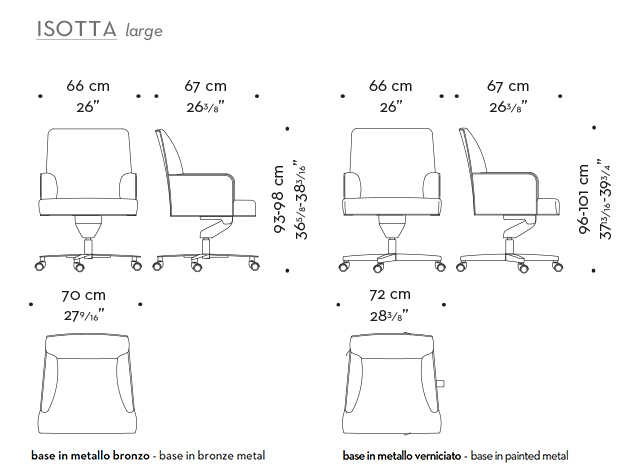 Dimensioni di Isotta, sedia da ufficio con braccioli rivestita in tessuto o pelle, del catalogo di Promemoria | Promemoria