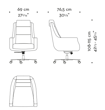 Dimensioni di Kate, sedia da ufficio con la base in metallo rivestita in pelle e tessuto, della collezione Amaranthie Tales di Promemoria | Promemoria