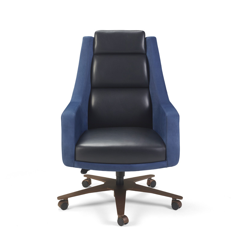 Kate is an office chair with a metal base covered in leather and fabric, from Promemoria's Amaranthine Tales collection | Promemoria