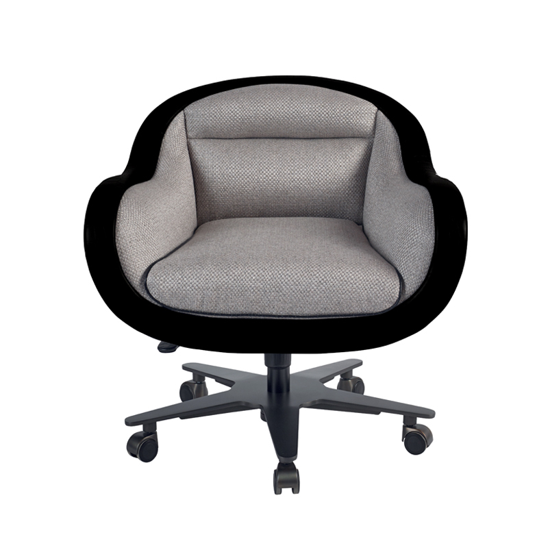 Vittoria is an office chair with a metal or bronze base, covered in fabric or leather with a bronze handle on the back, from Promemoria's catalogue | Promemoria