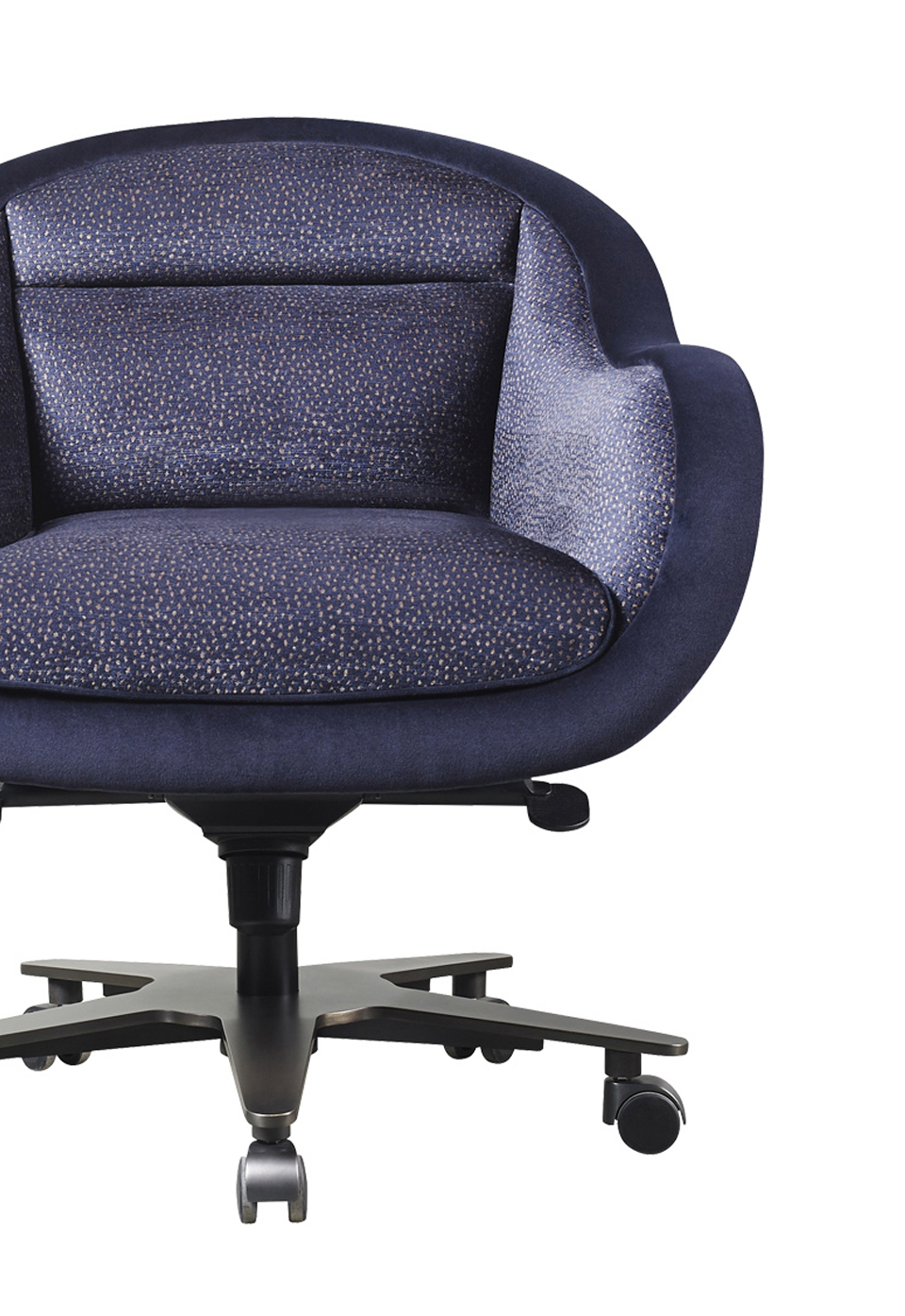 Vittoria is an office chair with a metal or bronze base, covered in fabric or leather with a bronze handle on the back, from Promemoria's catalogue | Promemoria