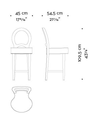 Dimensions of Bilou Bilou, a wooden stool with fabric or leather seat and bronze footrest and with the same aesthetic of the Bilou Bilou chair, from Promemoria's catalogue | Promemoria