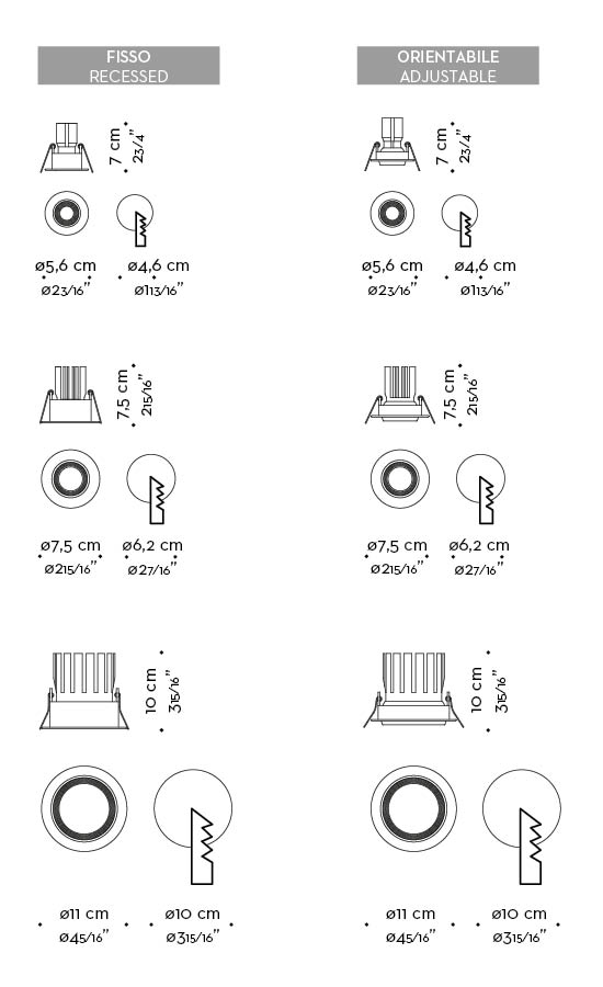 Dimensions of Eliot, a recessed LED downlight in bronze, from Promemoria's catalogue | Promemoria