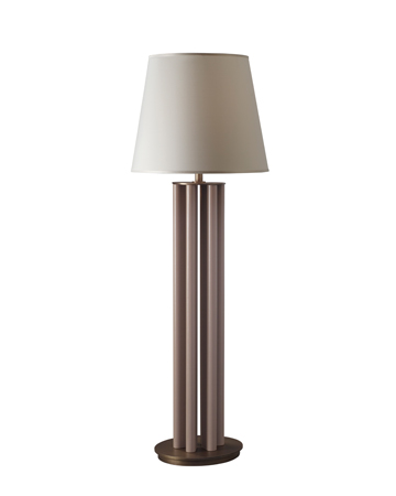 Clori is a floor LED lamp with leather or wooden structure, bronze base and details and linen, cotton or silk with handmade edge, from Promemoria's Amaranthine Tales collection | Promemoria