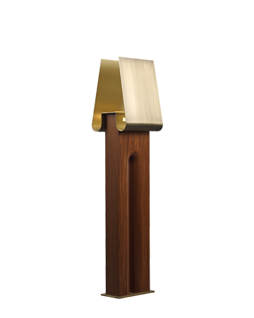 Dodoma is a floor lamp with wooden structure, an external bronze shade and an internal brass and Murano glass shade, from Promemoria's Capsule Collection by Bruno Moinard | Promemoria
